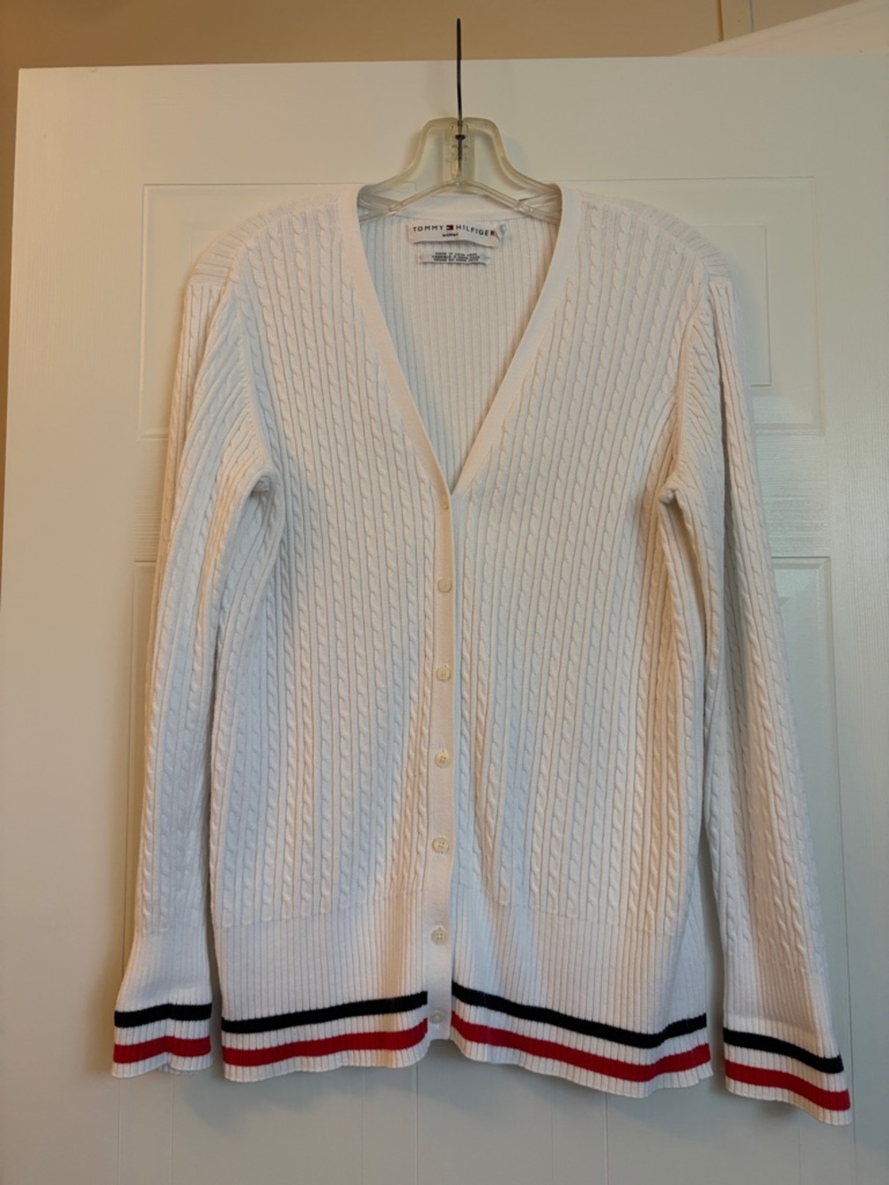 Tommy Hilfiger White Cable-Knit Cardigan with Red & Navy Stripe Trim